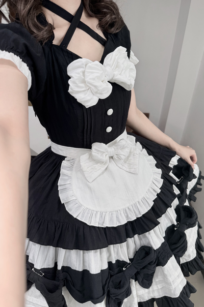 モノクロドールロリータドレス+カチューシャ+ボンネット+クリップ