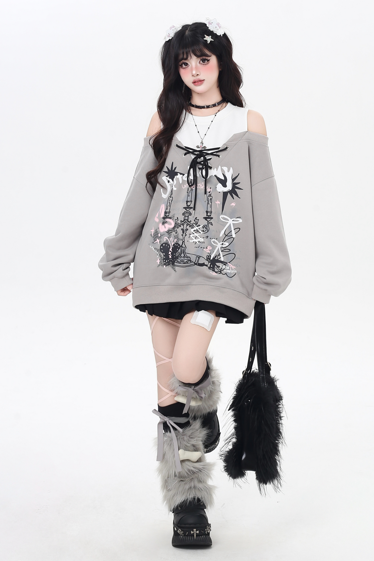 スイートストラップフェイクツーピースオフショルダーデザインガーリースウェット