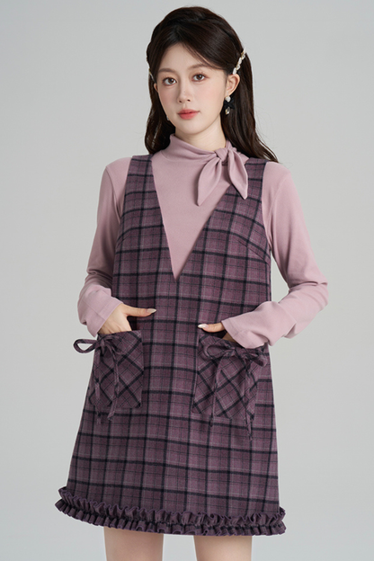 パープルプレイドラッフルドレス+トップス
