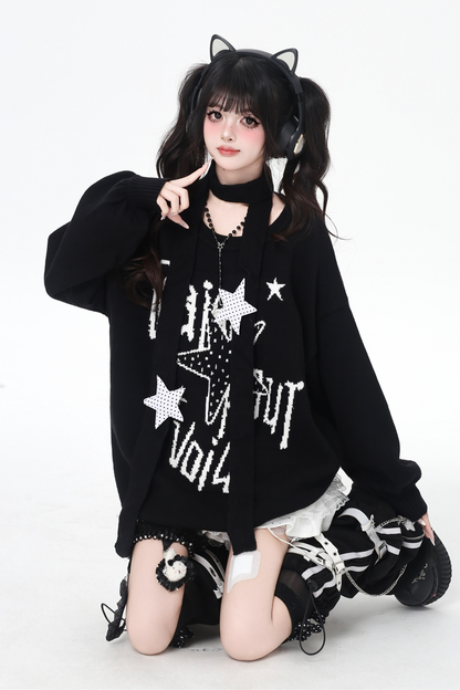 スターデザインルーズラウンドネックトップス