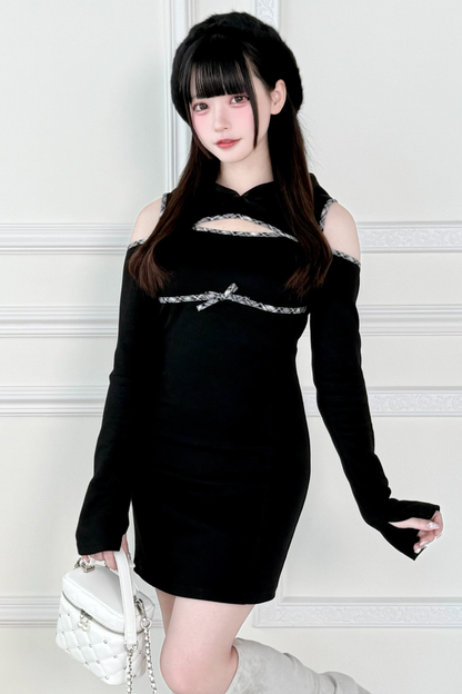 Off-the-shoulder Little Ribbon Hooded Dress