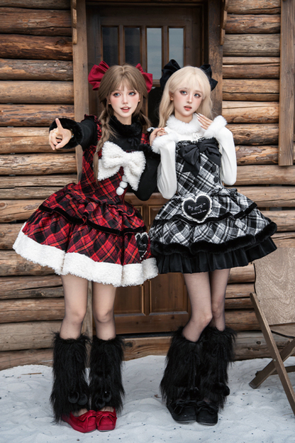 チェックドールジャンパースカート+リボンブローチ+ピン+ラブブローチ+ショール+トップス+レッグカバー