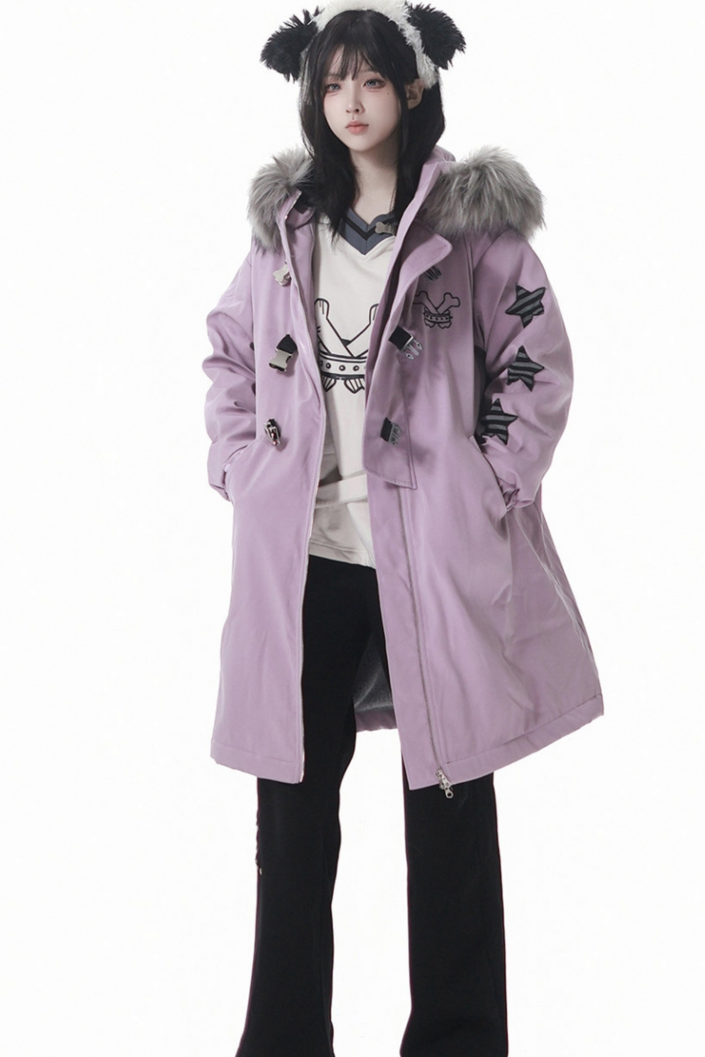 ダークカラーファーフードミドルコート