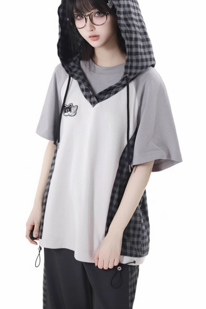 チェックショートトップス+チェックパンツ+フードトップス