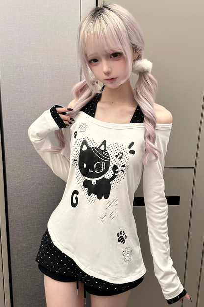 キャットオフショルダートップス