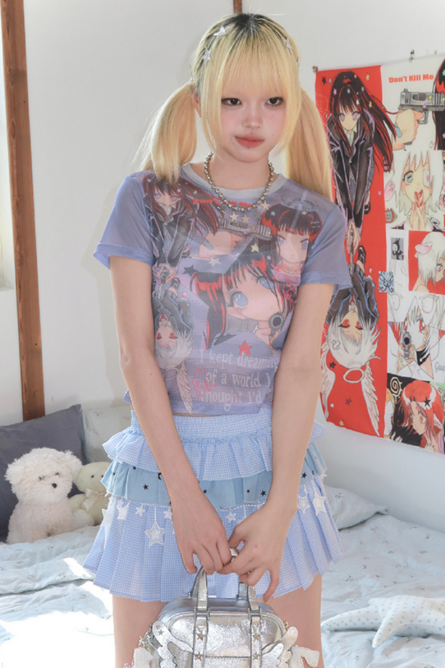 ドリームスターレースブルーチェックトリプルパフィースカート