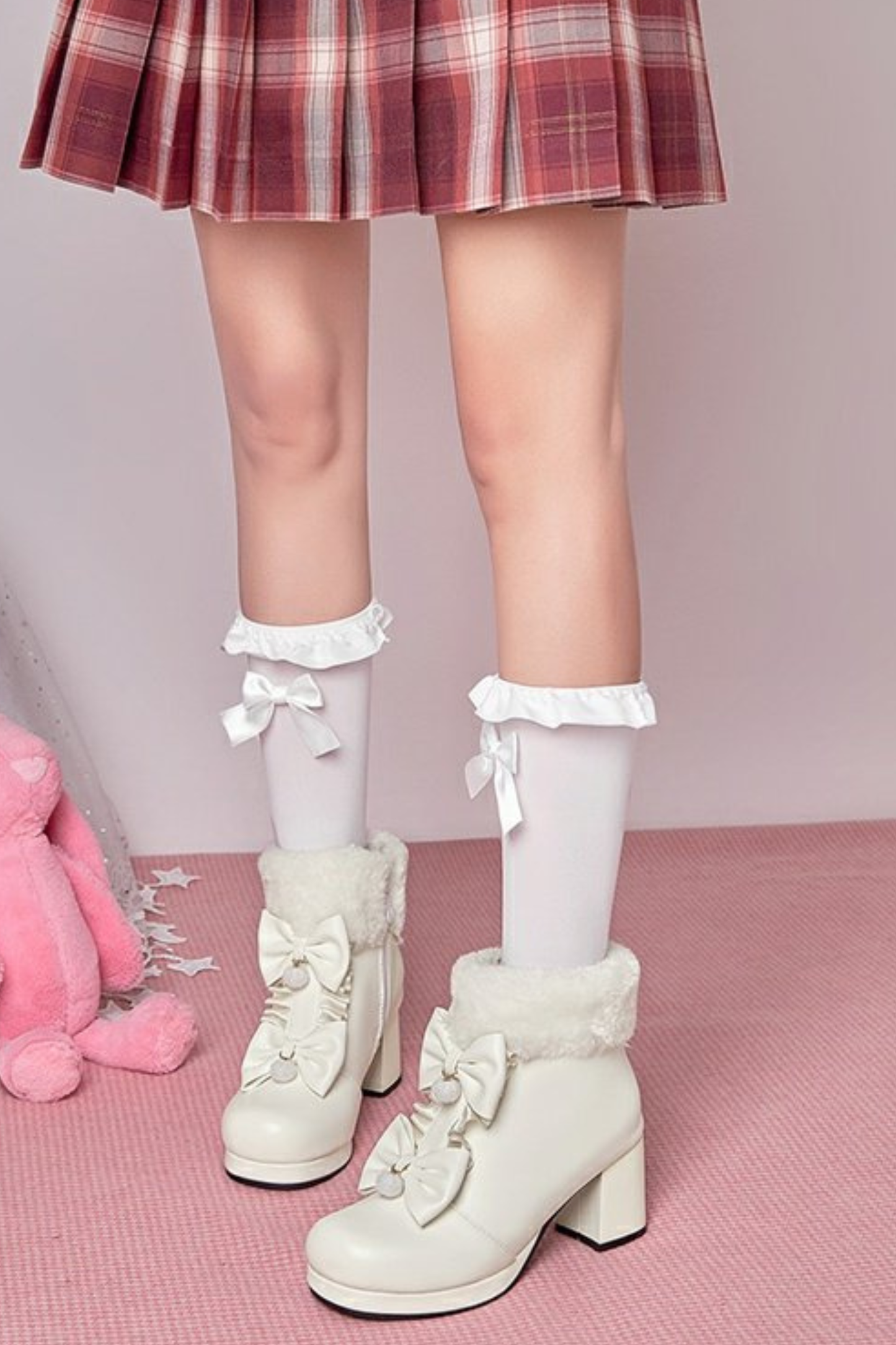 ダブルリボンファーショートブーツ