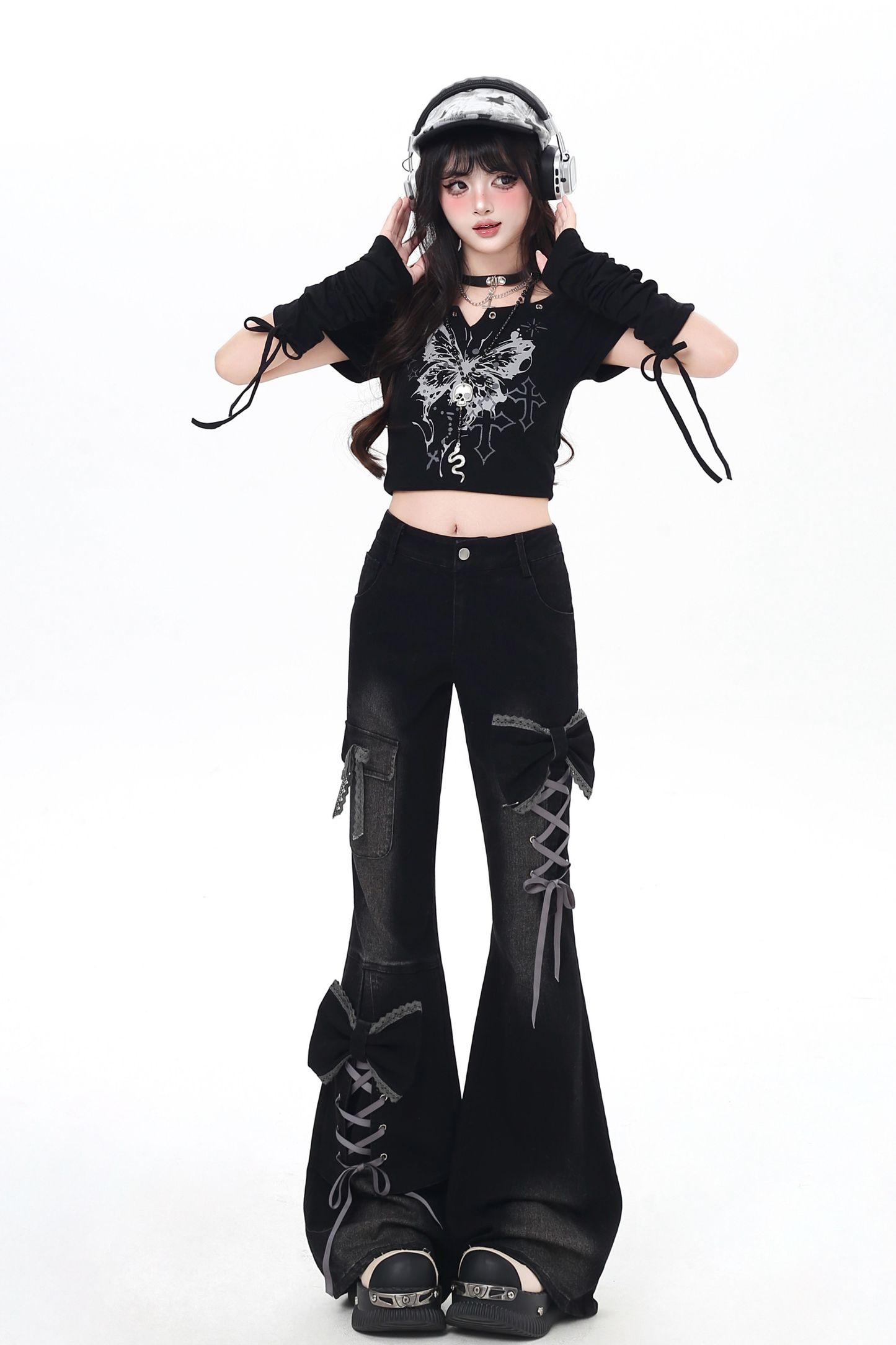 Lace-up flared denim pants