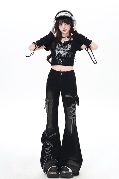 Lace-up flared denim pants