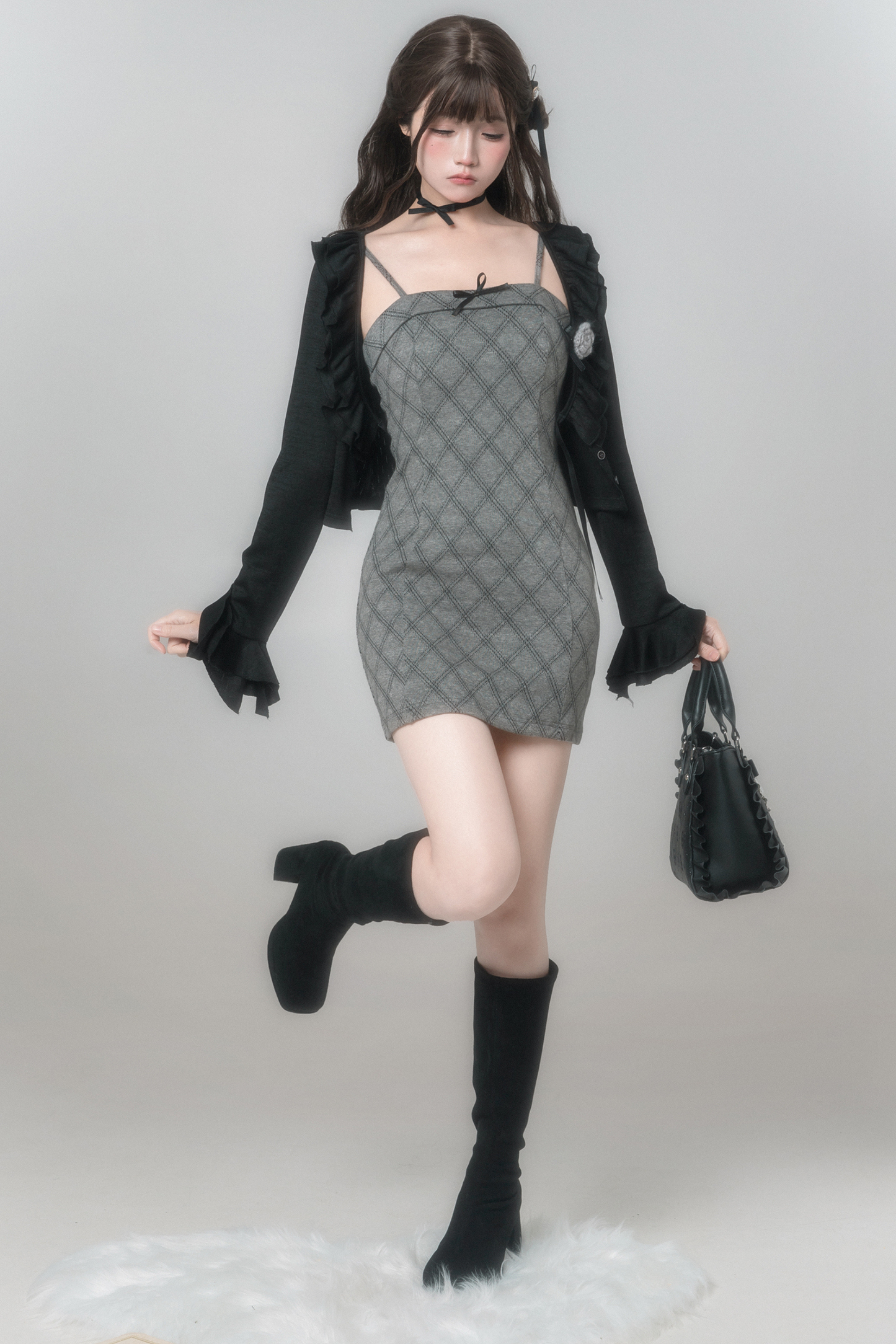 チェックキャミソールドレス+カーディガン