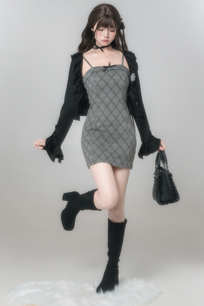 チェックキャミソールドレス+カーディガン