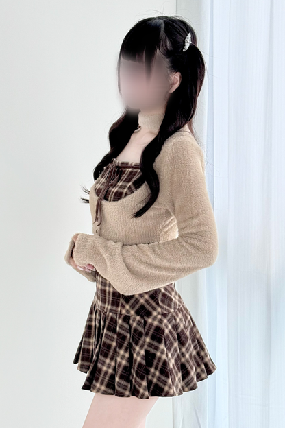 チェックフレアドレス+ショートカーディガン