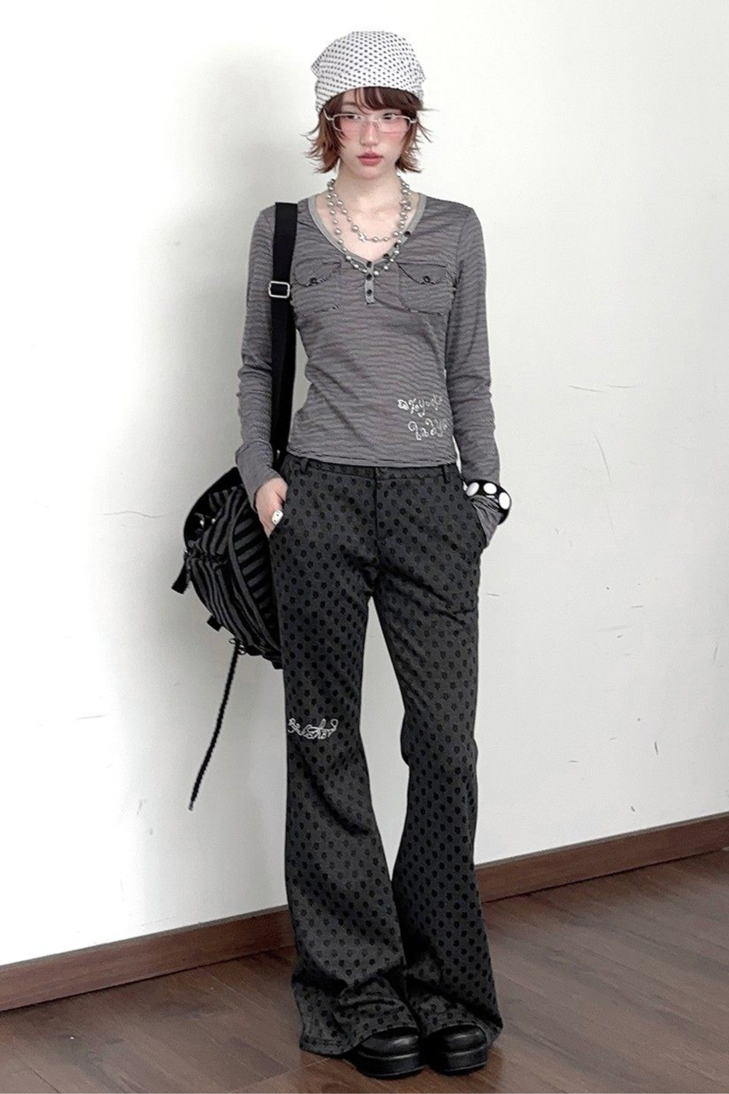 Y2K Striped V-neck Top + Skirt + Pants