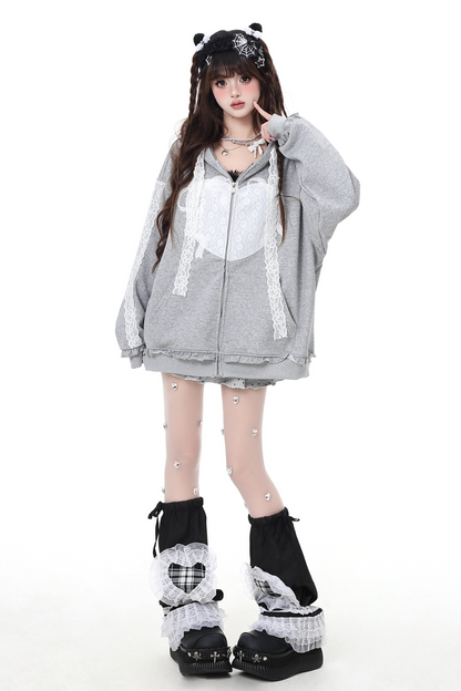 Lace Design Casual Sweet Hooded Hoodie