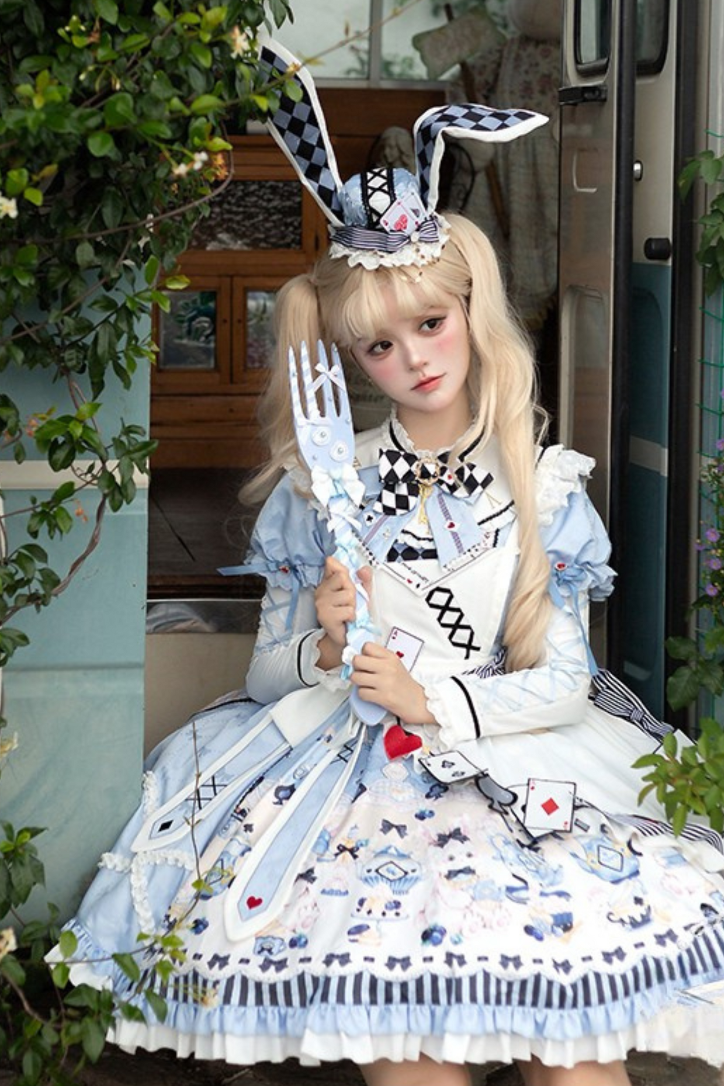 【数量限定】アリスティーパーティーアシメエプロンドレス＋うさ耳ハットドレスフルセット