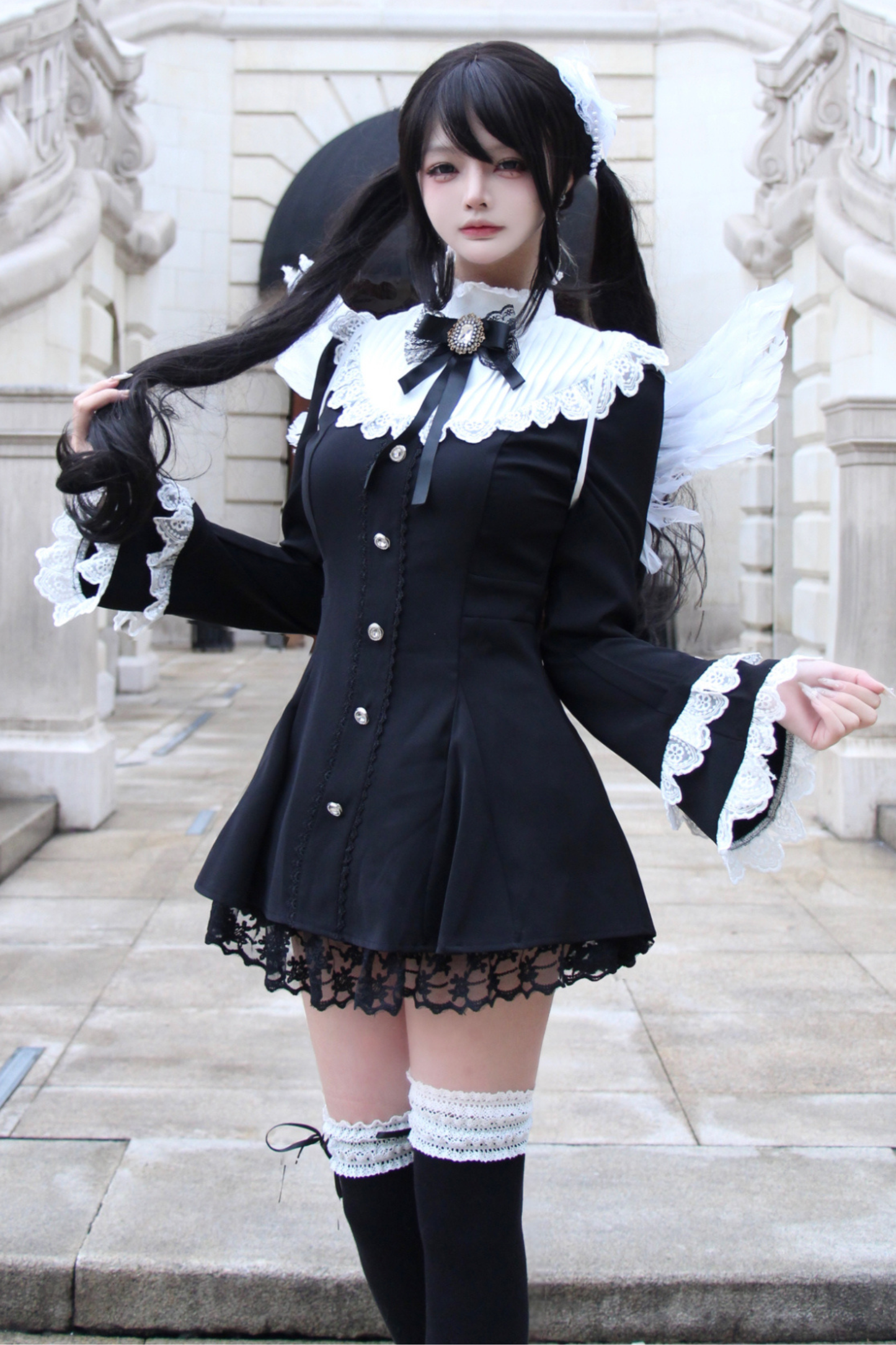 Cross Lace Flared Sleeve Dress