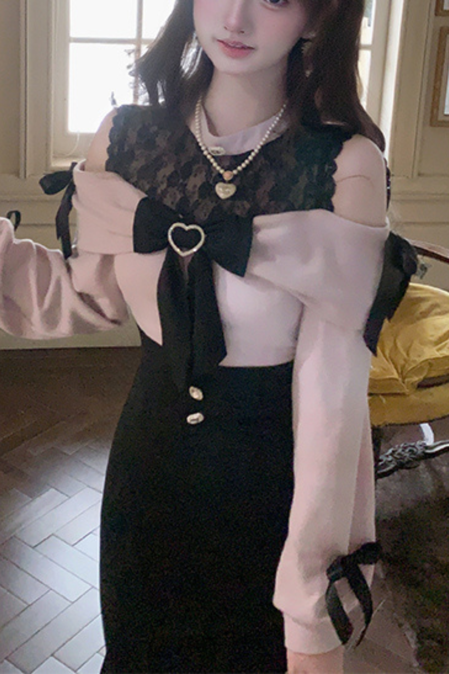 Lace Off-the-shoulder Ribbon Dress