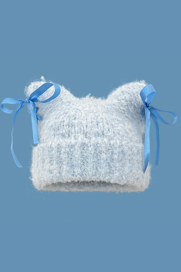 Plush Bow Ribbon Knit Hat