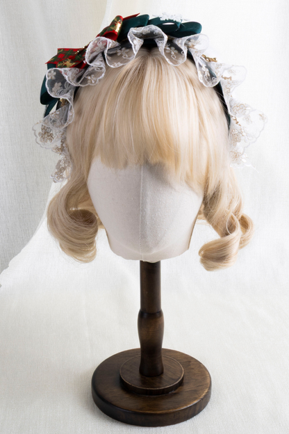 クリスマスチェックヘアーオーナメントリボンクリップ+ハットクリップ+ヘアバンド