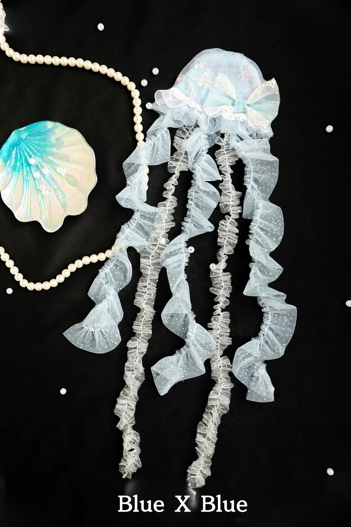 [Vorbestellfrist 1. August] Accessoires der Quallen-Fee-Serie in Blau/Weiß/Lila (muschelförmiger Kopfschmuck mit langer Schleppe, Quallen-Haarspange, Handgelenk-Manschetten, Perlen-Spitzen-Choker, Quallen-Kopfstück/Handaccessoire)