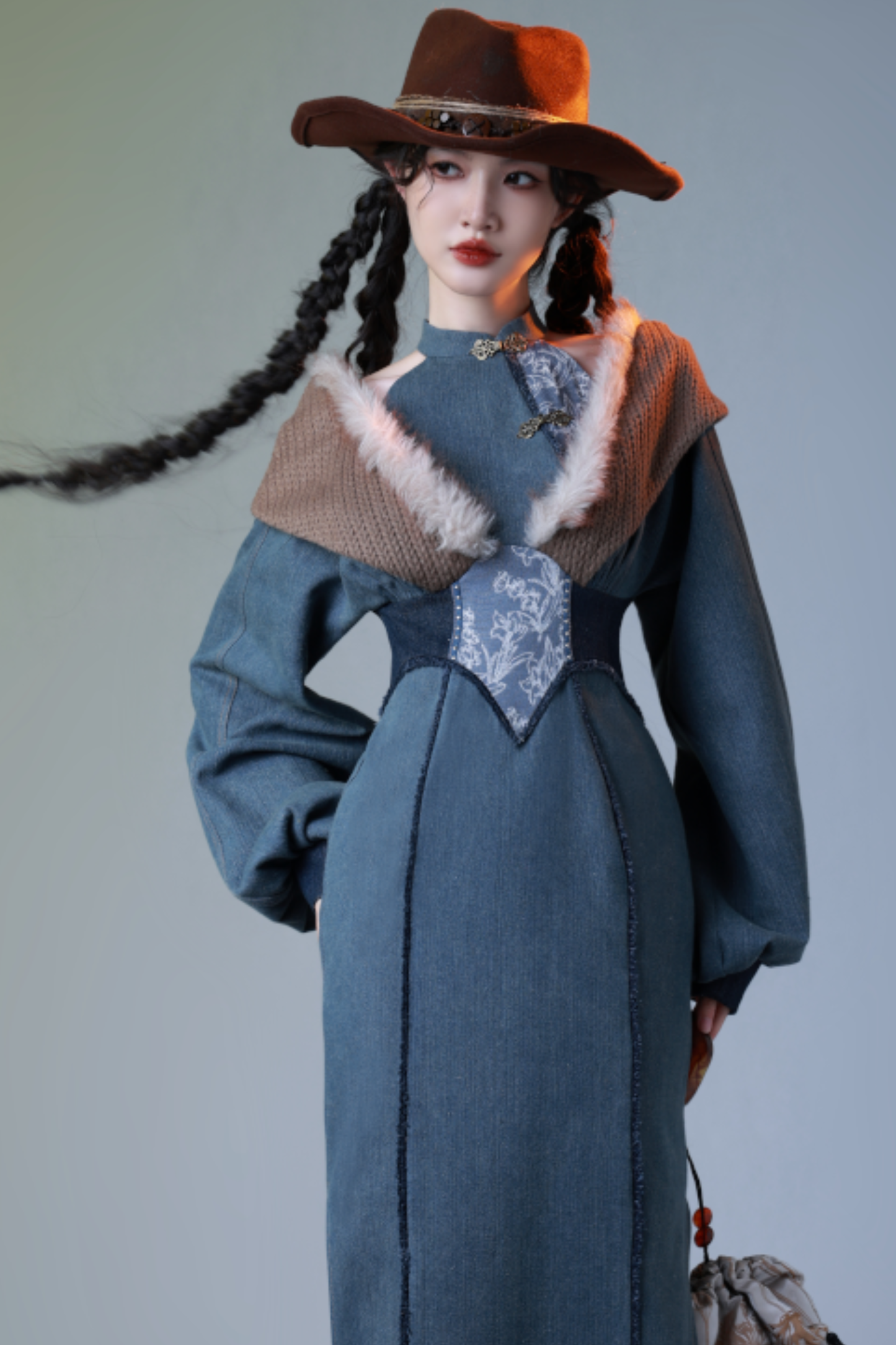 Retro Denim China Long Dress