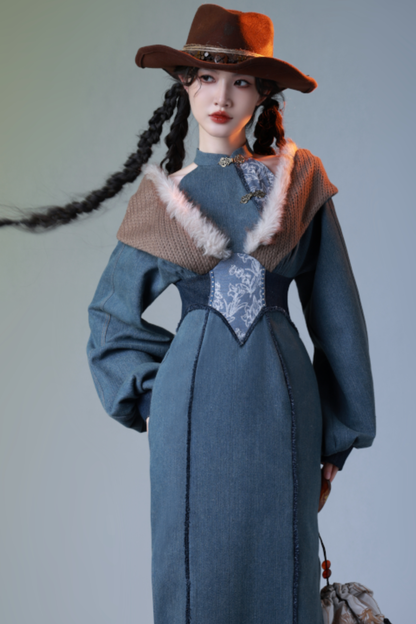 Retro Denim China Long Dress