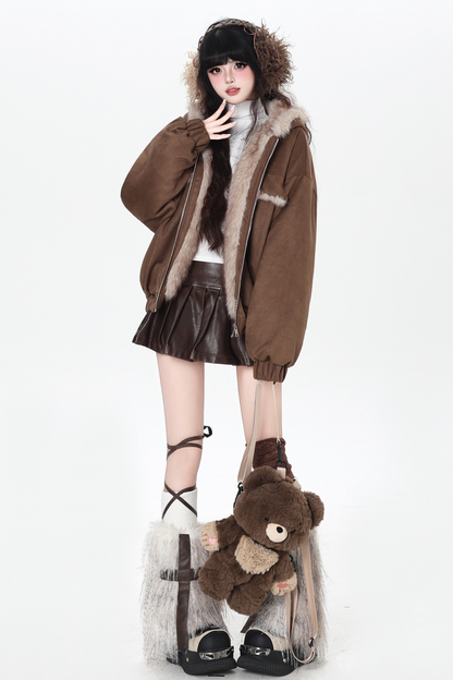 Rabbit Fur Hooded Suede Jacket
