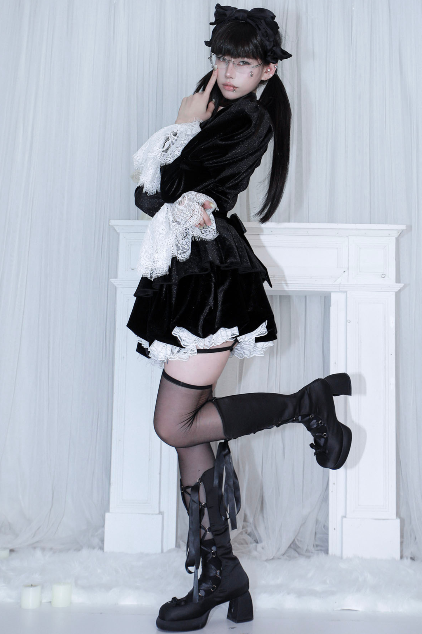 リボンゴシックベルベットレースドレス