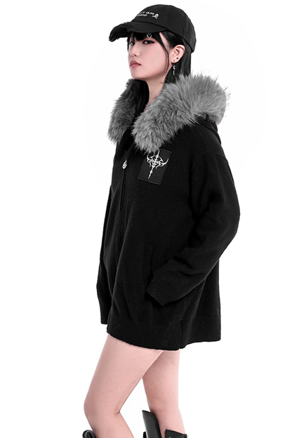 ファーフードルーズポイントクロスジップパーカー