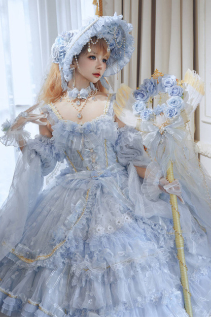 ゴージャスアイスブループリンセスロリータロングドレス