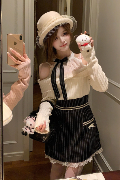 リボンオフショルダーストライプドレス