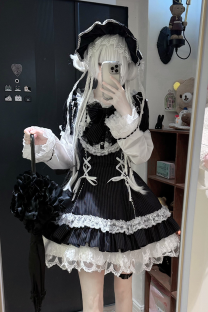 ダークレースアップストライプドロリータドレス+ラビットハット+スリーブ