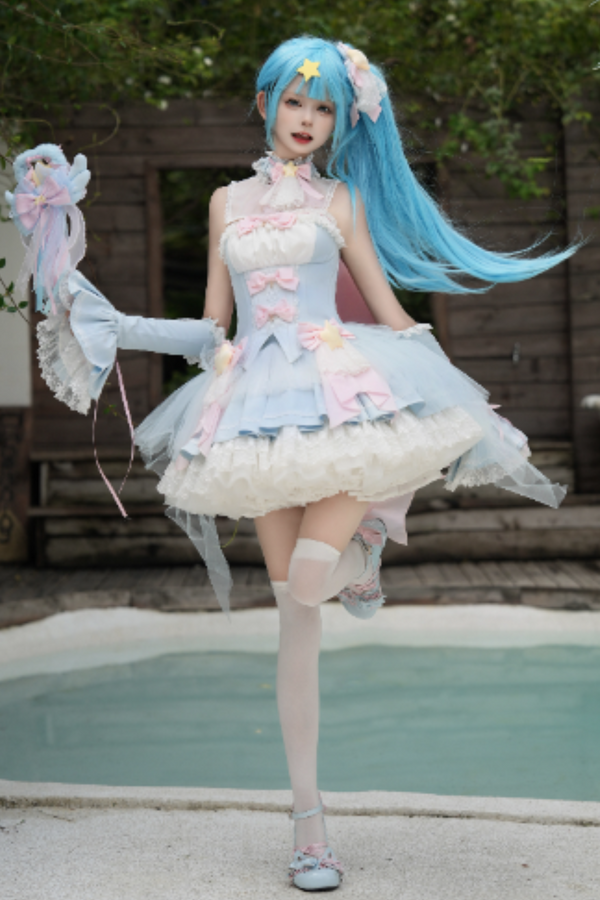 魔法妖精スパークリングウォーターロリータトップス+スカート+ヘアクリップ+テール+魔法ステッチ