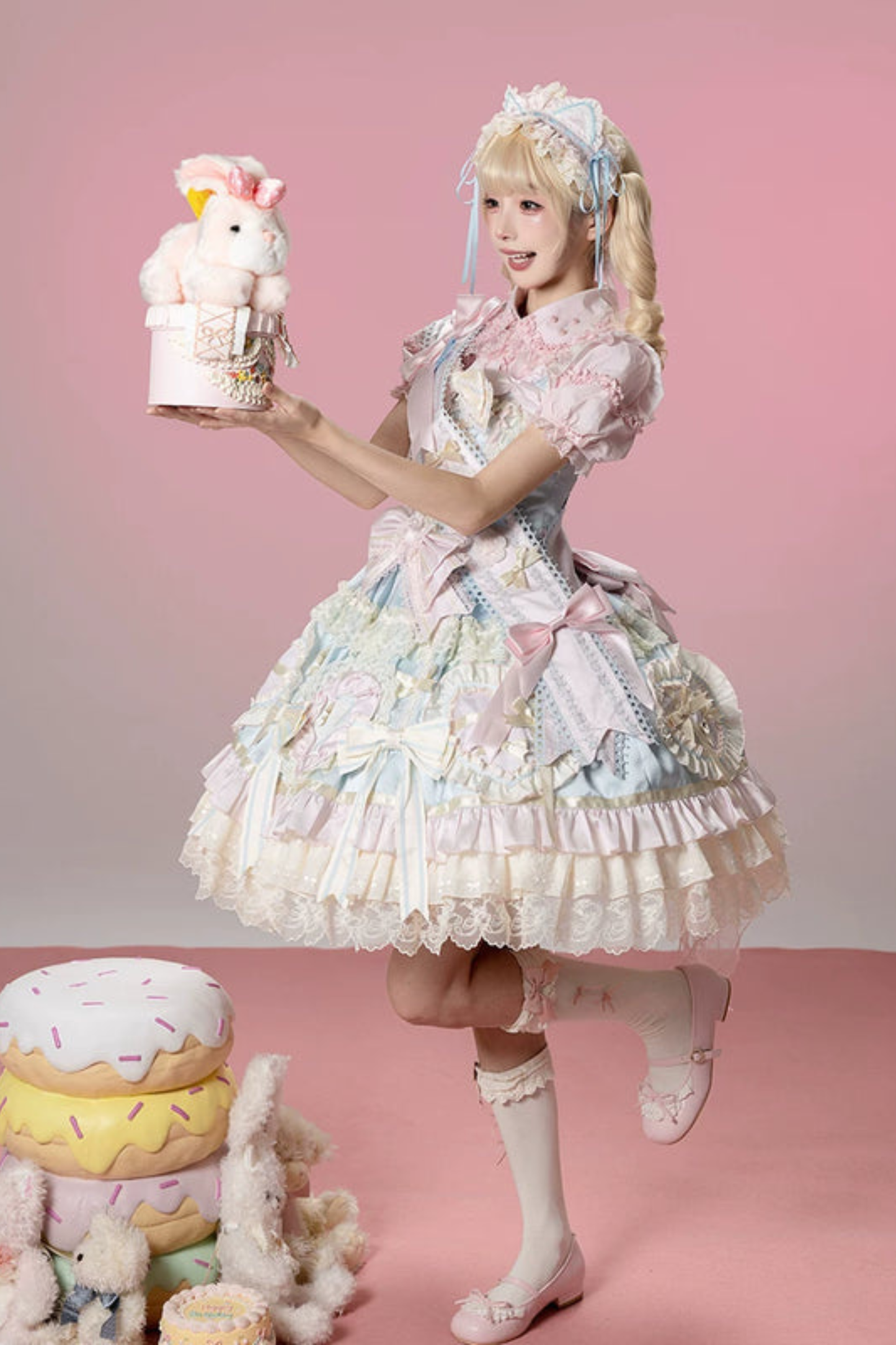 [예약상품] 로즈 스위트 걸리 로리타 원피스 + 헤어드레스
