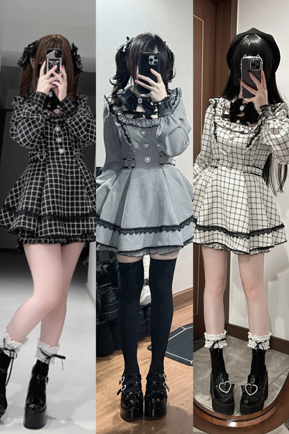 【12月18日予約締切】ジュエルリボンカラーレースチェックホワイトブラックドレスセットアップ