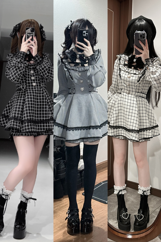 【12月18日予約締切】ジュエルリボンカラーレースチェックホワイトブラックドレスセットアップ