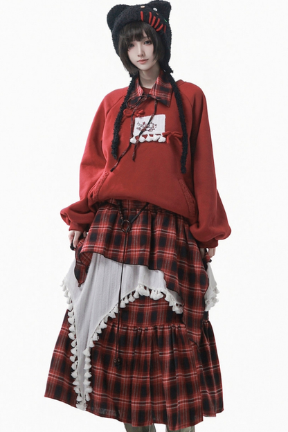 ルーズフリーススウェット+チェックスカート