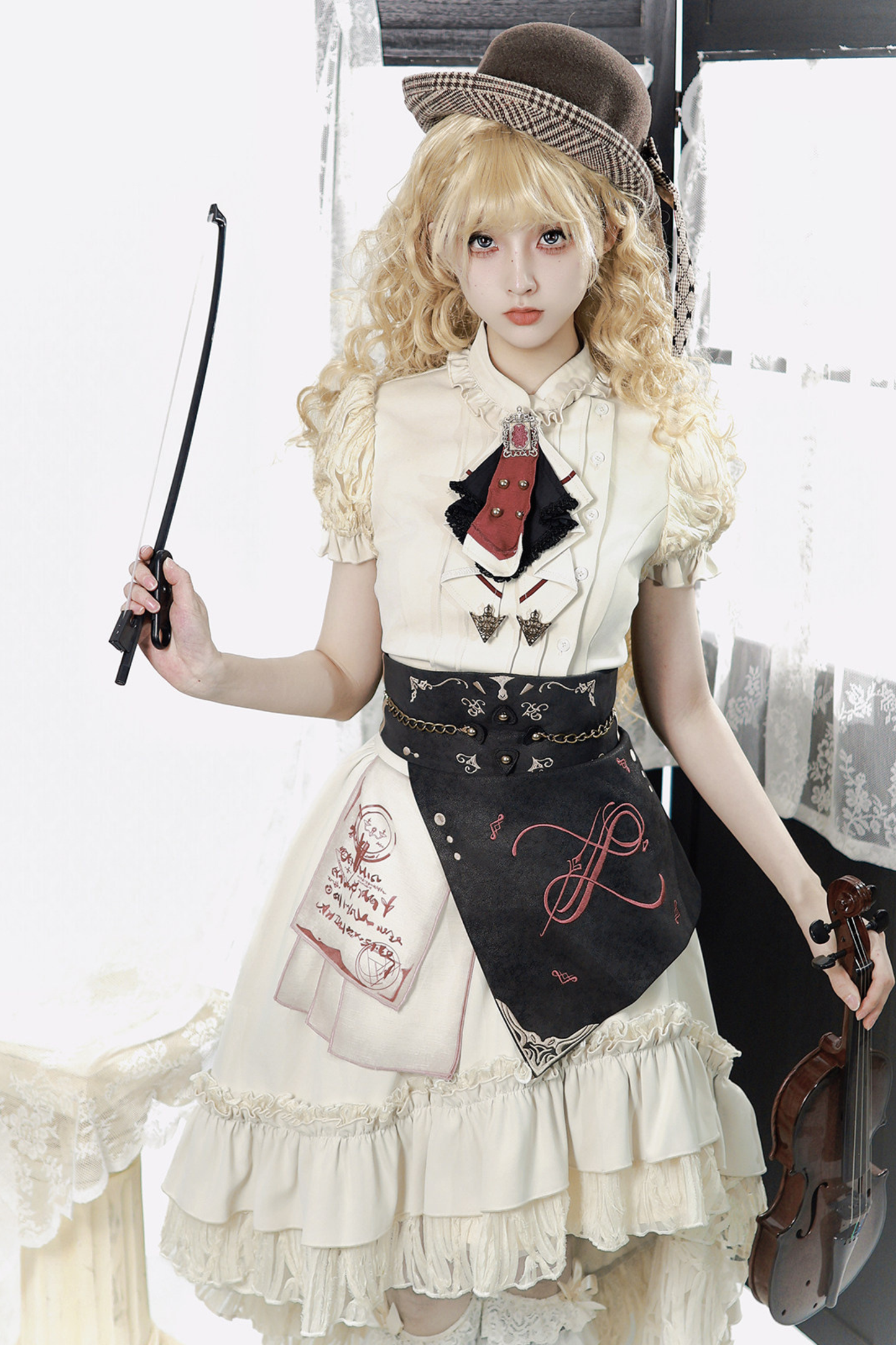 Vintage Lolita Puff Sleeve Top + Asymmetrical Skirt + Corset