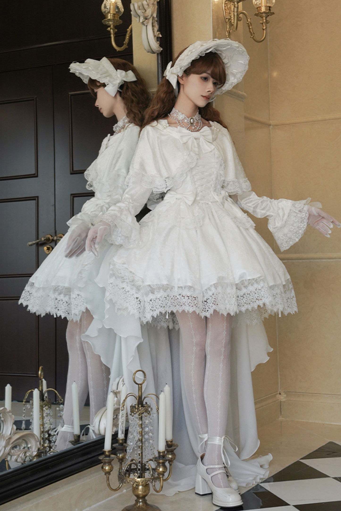 [Reserved Item] Pure White Multi-Wear Lolita Dress + Petticoat + Tail + Bonnet + Necklace + Ribbon