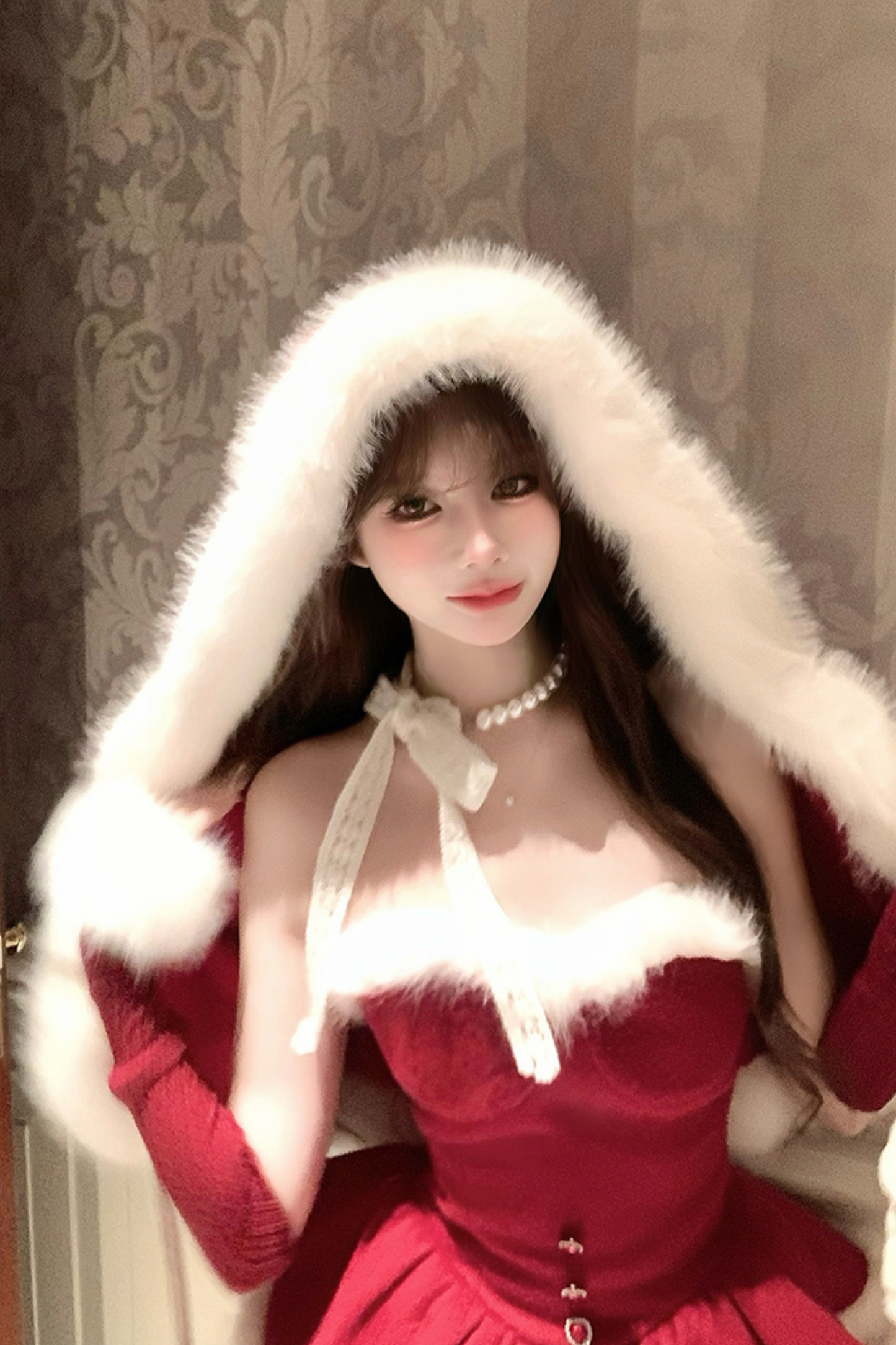 レッドベルベットケーキファーコート+サスペンダースカート+スリーブ