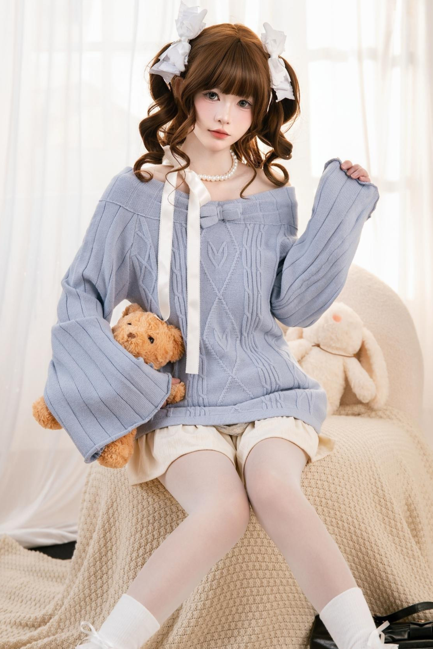 ケーブルオフショルダーニットトップス