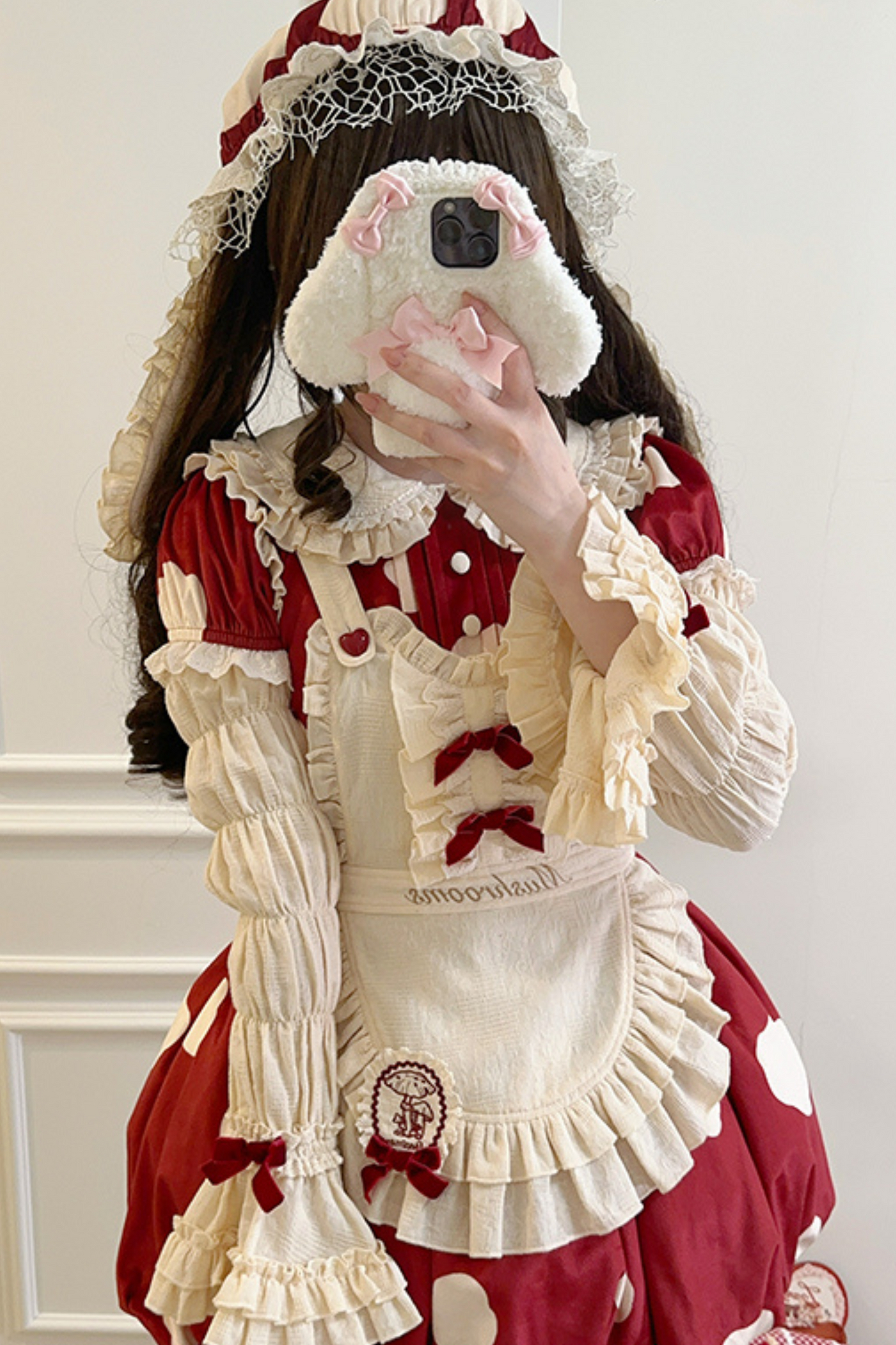 キノコドールワンピース+リボンフリルエプロン+フリルスリーブ+うさ耳ハット