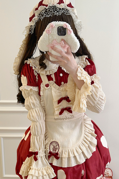 キノコドールワンピース+リボンフリルエプロン+フリルスリーブ+うさ耳ハット