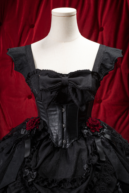 Dark Gothic Ribbon Lolita Dress + Waist Belt + Train + Hairband