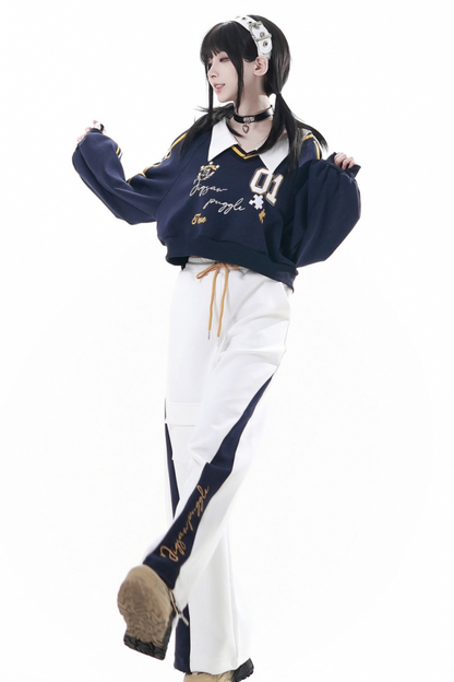 カレッジブルージャケット+フーディードレス+パンツ+スウェット