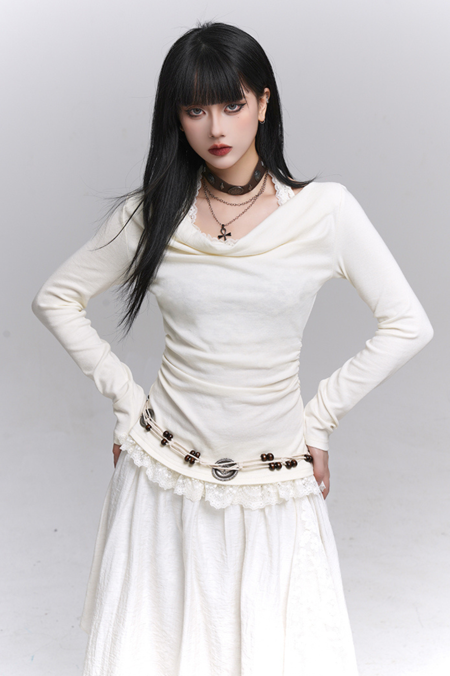 Faux two-piece one-shoulder top