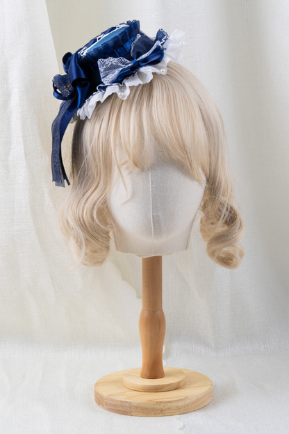 ネイビーブルーロリータボンネット+ヘアバンド+ハットクリップ+リボンクリップ