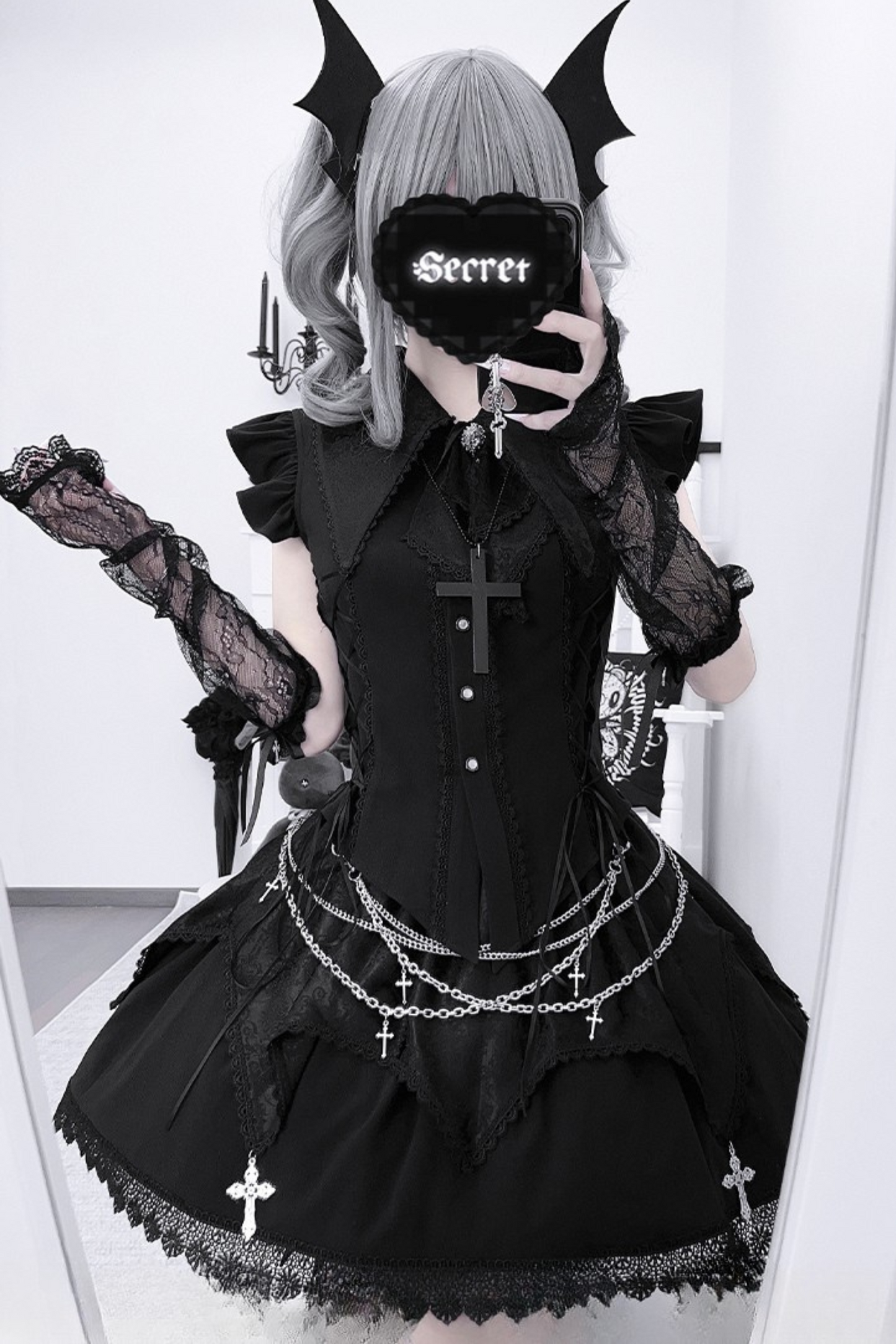 ダークゴシックサブカルチャーストラップセットアップ＋リボン＋チェーン
