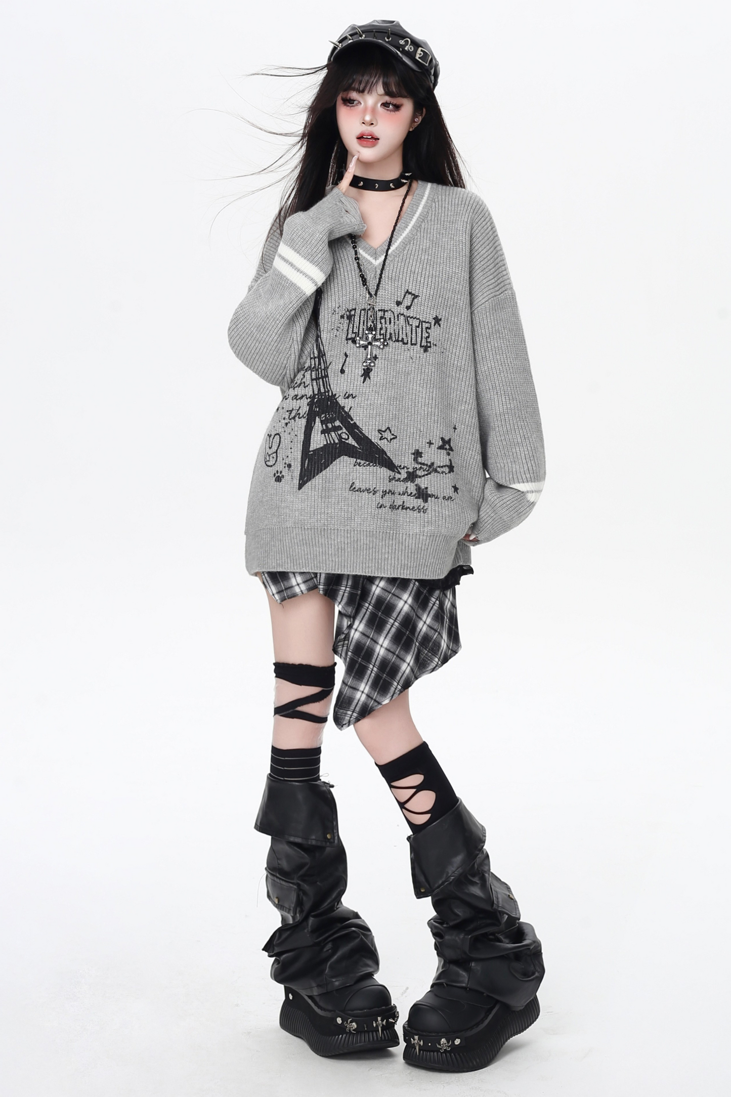 クールロックスタイルギターVネックルーズロングスリーブニット