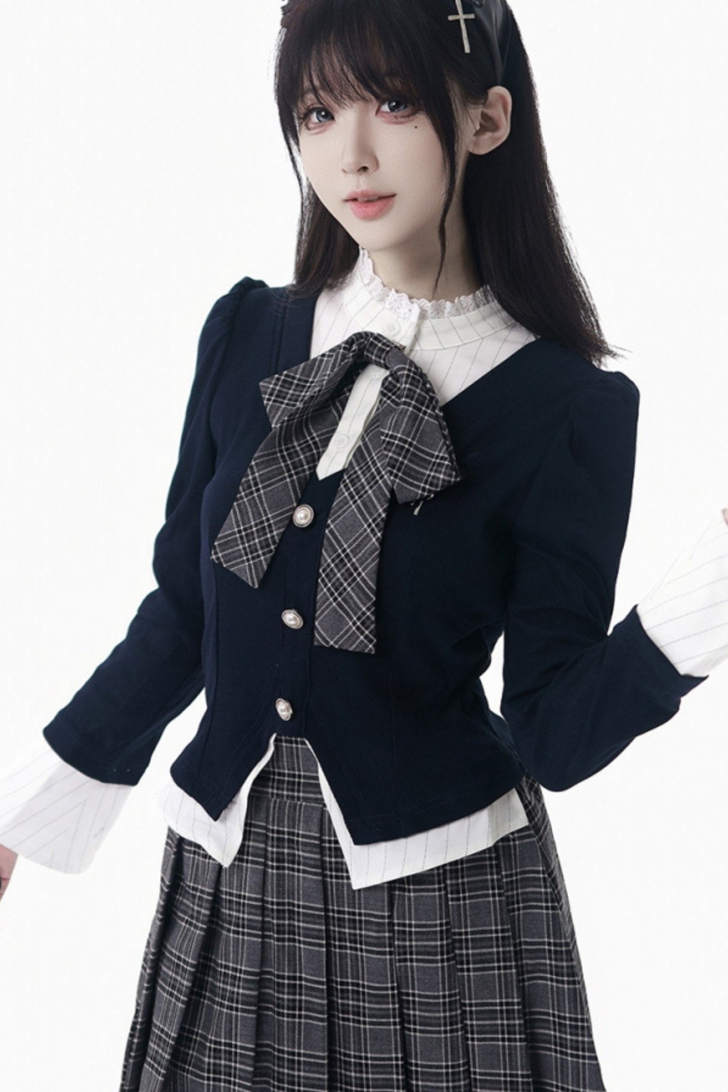 カレッジスリムフェイクツーピーストップス+チェックキュロット